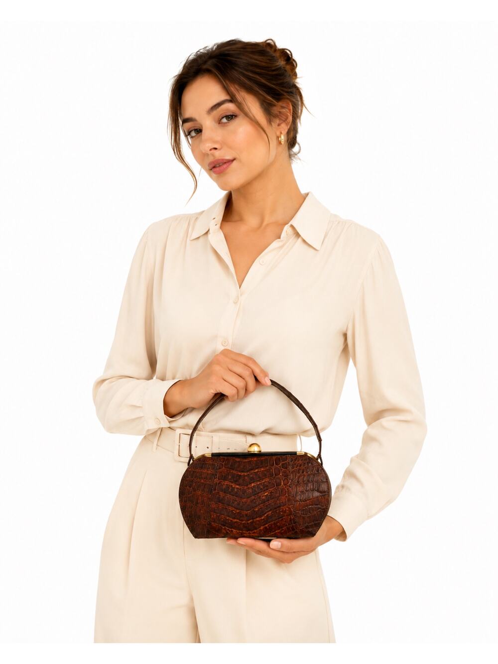 Vintage 50s 60s Brown Alligator Skin Handbag Leather Lined Frame Bag